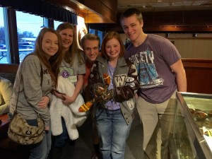 Holding the lucky lobster! From L: Hailey Vestal, Emily Mitchell, Brett Morgan, Paige Bagley, Cameron Marlow